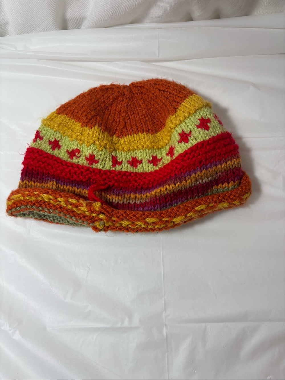 Hand-Knit Multicolor Beanie - Bright Orange & Red